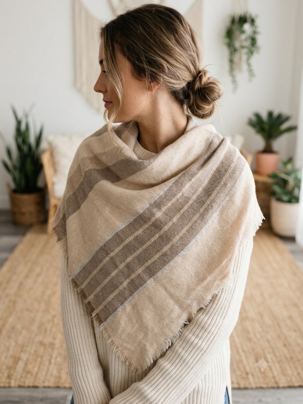 Candie’s Striped Triangle Scarf Blanket Wrap Beige Taupe Fringed O/S Cozy Layer